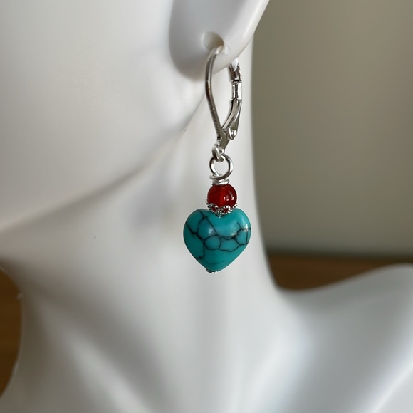 HAND CRAFTED TURQUOISE HEART PIERCED EARRINGS Turquoise Hearts Brown Carnelian - Picture 1 of 14